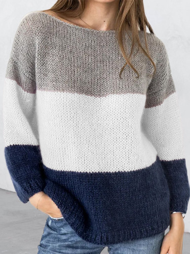 Women's Fall Winter Sweater Loose Color Block Striped Crew Neck Knit Pullover Sweater