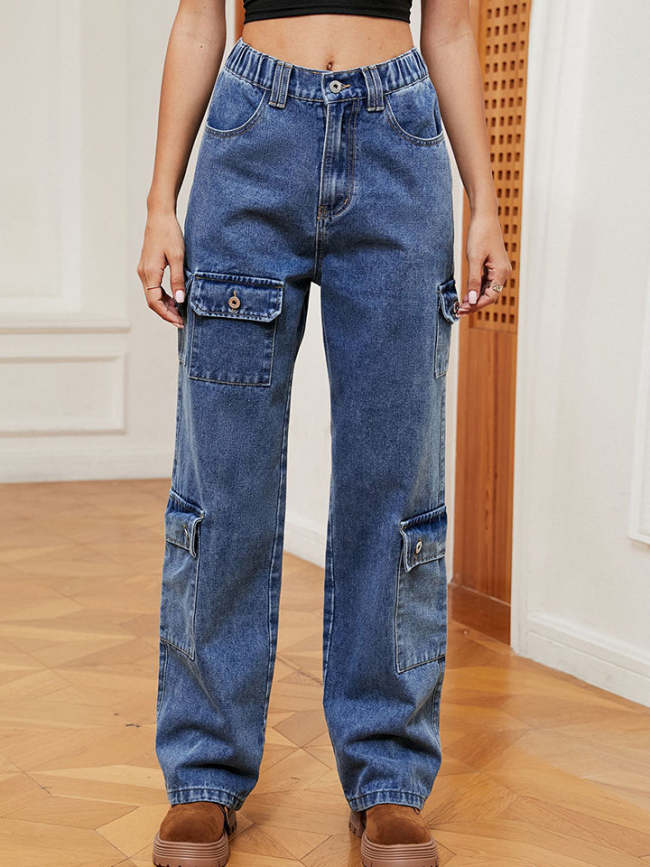 Women's Retro Denim Jeans Buttoned Long Jeans