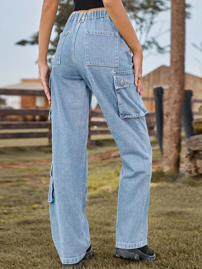 Women's Retro Vintage Denim Jeans Straight Leg Cargo Jeans