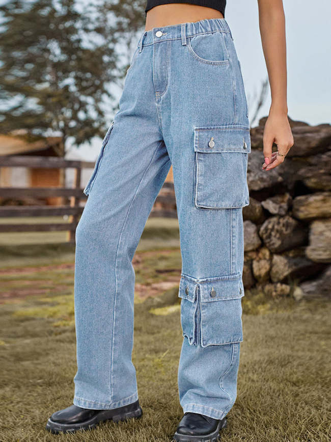 Women's Retro Vintage Denim Jeans Straight Leg Cargo Jeans