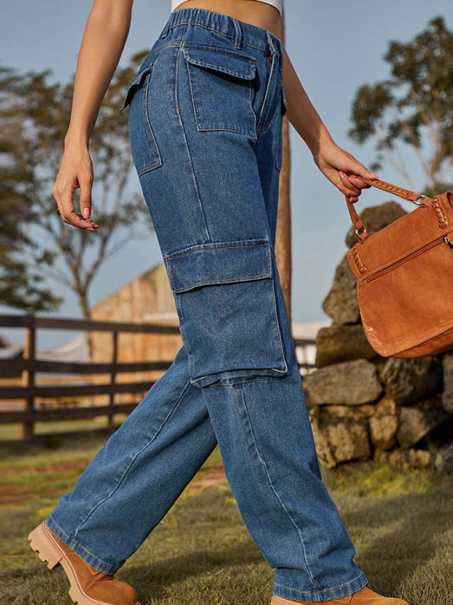 Women's Retro Cowgirl Denim Jeans Straight Leg Cargo Jeans