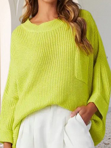 Women's Fall Sweater Chic Color Crew Neck Loose Pocket Pullover Knit Sweater