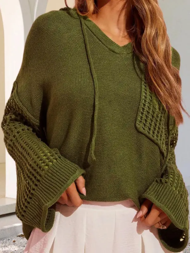Women's Fall Sweater Hoodie Hollowed-out Knitted Pocket Pullover