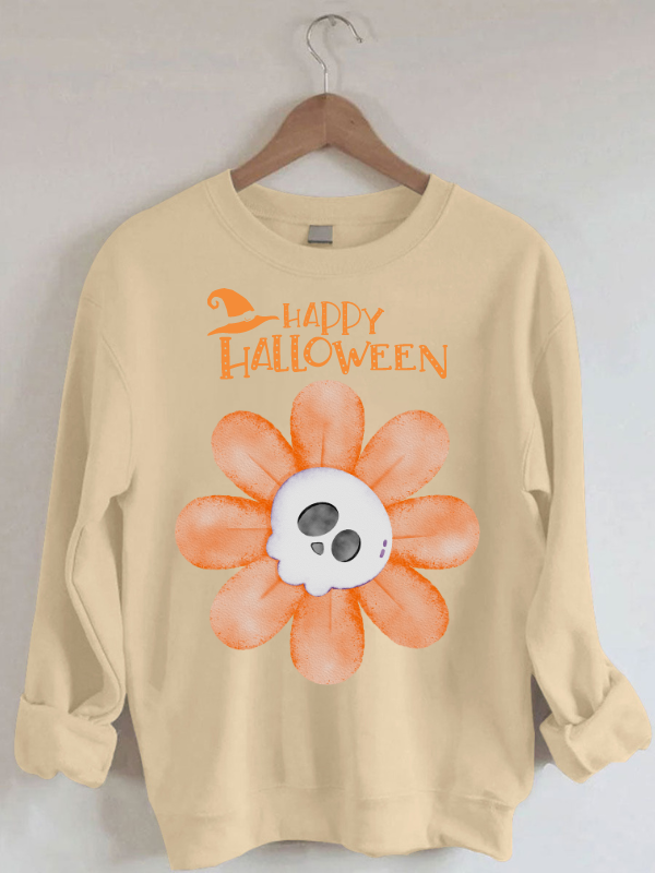 Women's Halloween Funny Happy Halloween Flower Skull Festival Humor Print Sweatshirt