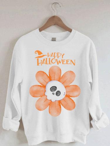 Women's Halloween Funny Happy Halloween Flower Skull Festival Humor Print Sweatshirt