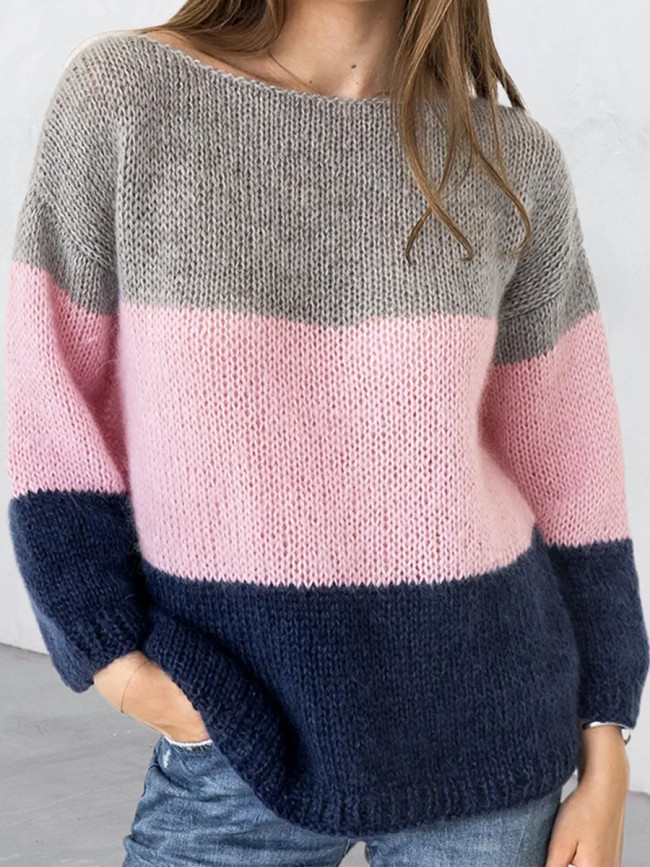 Women's Fall Winter Sweater Loose Color Block Striped Crew Neck Knit Pullover Sweater