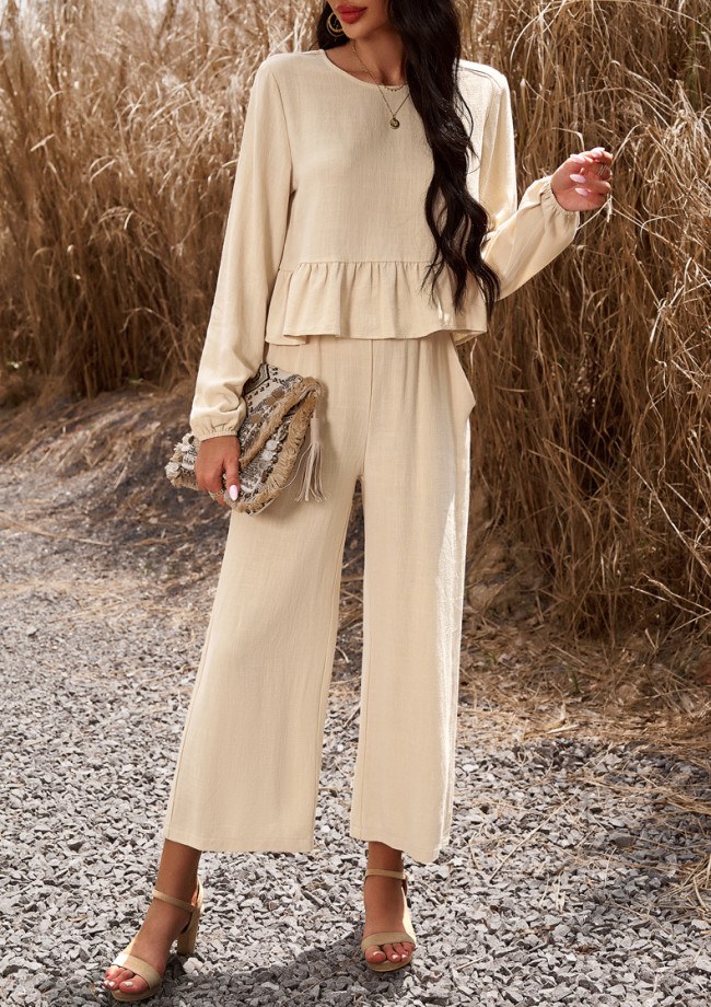 Women's Fall 2Piece Set Solid Ruffle Blouse Top and Wide Leg Long Pant