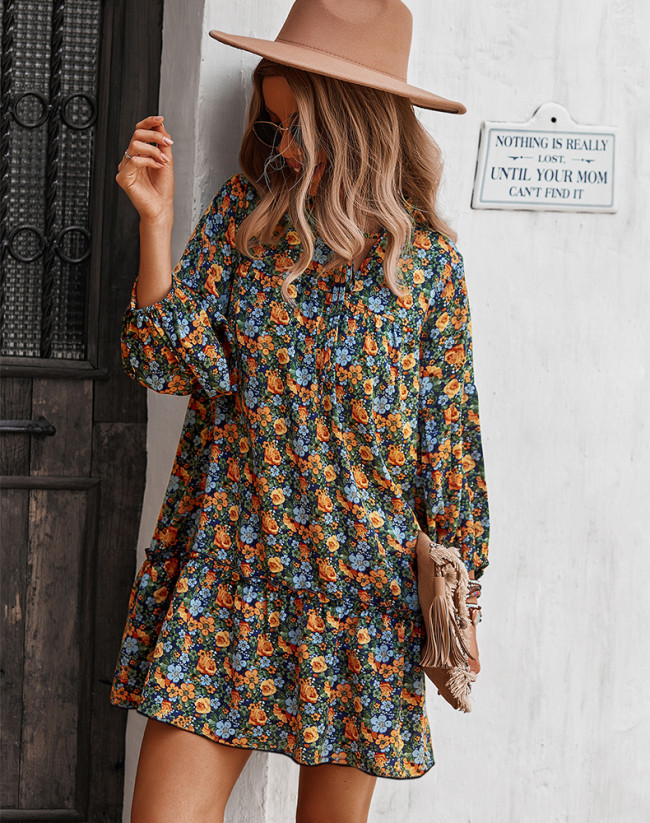 Women's Boho Dress Floral Print V-Neck Long Sleeve Mini Bohemian Holidday Travel Dresses