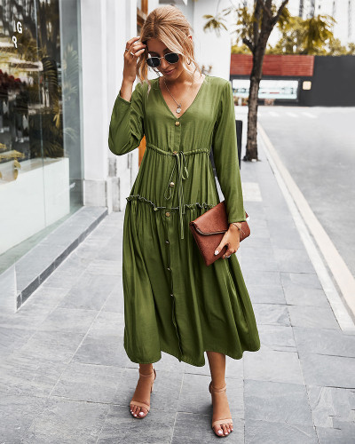 Women's Boho Dress Green V-Neck Ruffle Midi Dresses