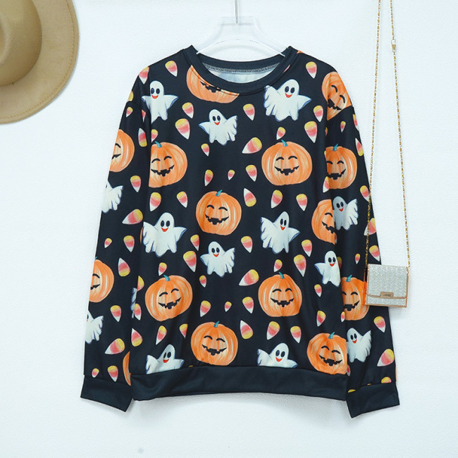Womens Funny Halloween Sweatshirt Pumpkin Ghost Cute Cat Full Print Festival Holiday Sweatshirts