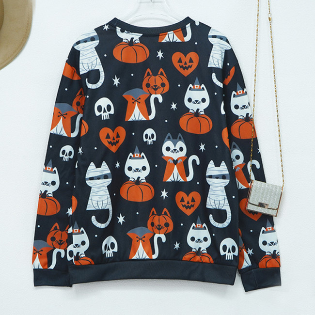 Womens Funny Halloween Sweatshirt Pumpkin Ghost Cute Cat Full Print Festival Holiday Sweatshirts