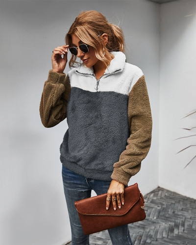 Women's Fleece Sweatshirt Lapel Half Zipped Color Block Warm Sweatshirt