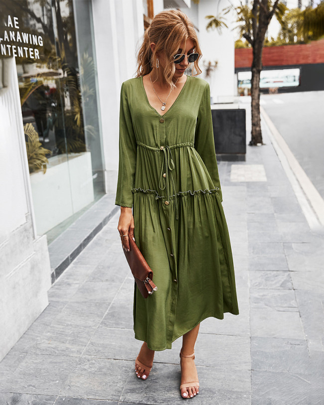 Women's Boho Dress Green V-Neck Ruffle Midi Dresses