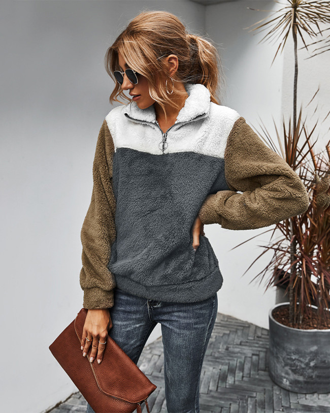 Women's Fleece Sweatshirt Lapel Half Zipped Color Block Warm Sweatshirt
