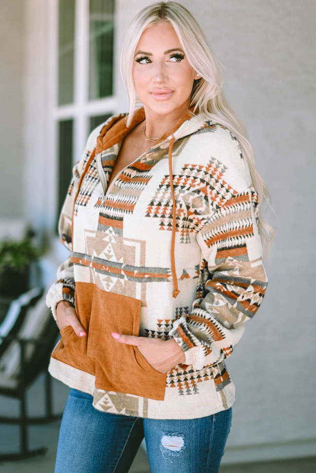 Women's Cowgirl Hoodie Sweatshirt Beige Aztec Print Kangaroo Pocket Half-Zip Hoodie