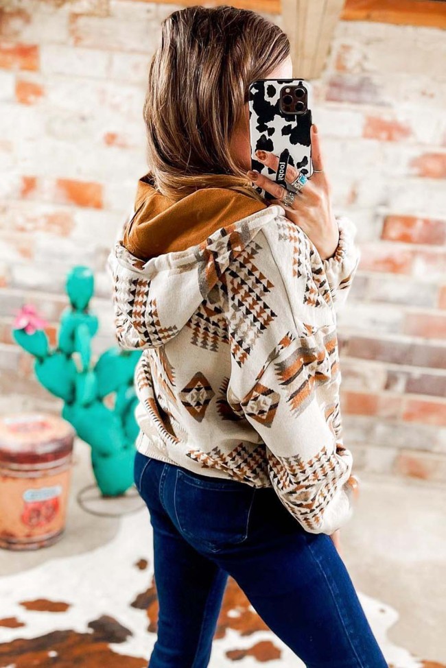 Women's Cowgirl Hoodie Sweatshirt Beige Aztec Print Kangaroo Pocket Half-Zip Hoodie
