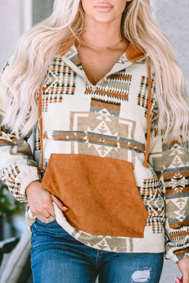 Women's Cowgirl Hoodie Sweatshirt Beige Aztec Print Kangaroo Pocket Half-Zip Hoodie