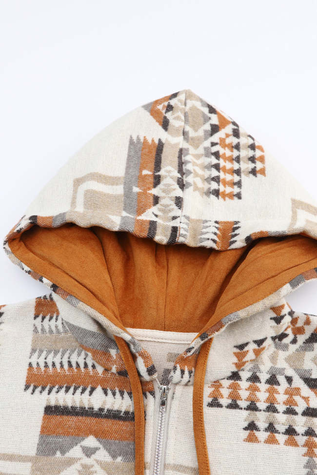 Women's Cowgirl Hoodie Sweatshirt Beige Aztec Print Kangaroo Pocket Half-Zip Hoodie