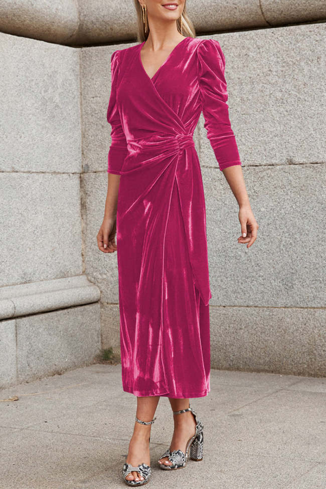 Women's Velvet Party Dress Celebrities Elegant Solid Strap Design V Neck Princess Dresses