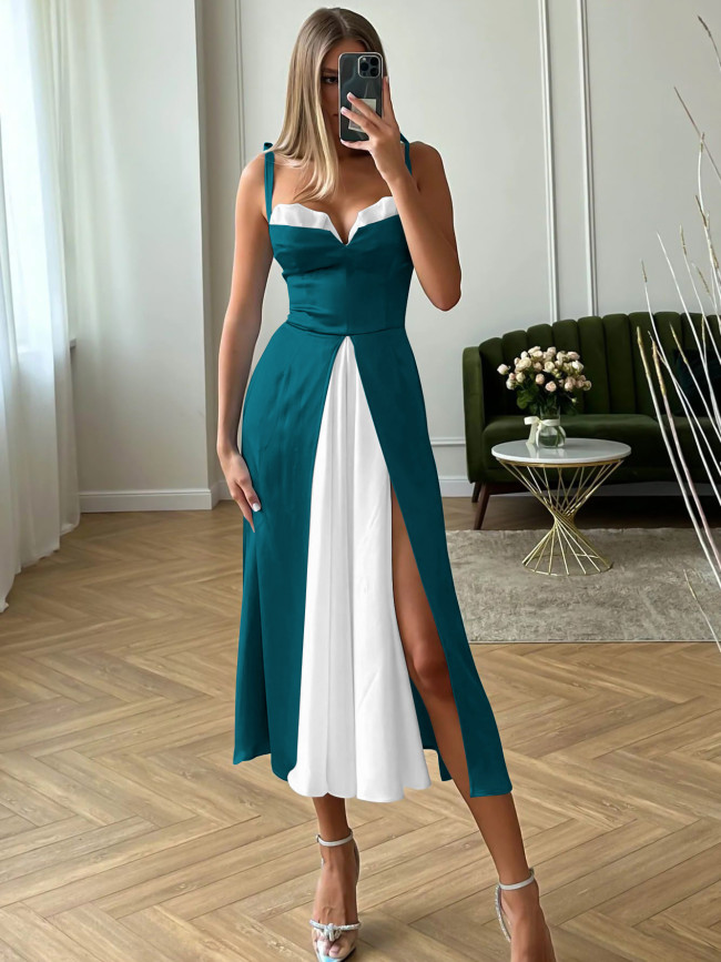 Women's Party Dress Elegant Suspenders Solid Color Satin Slit Dress