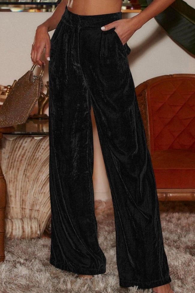 Women's Velvet Pant Loose Fit High Waist Long Pants With Pockets