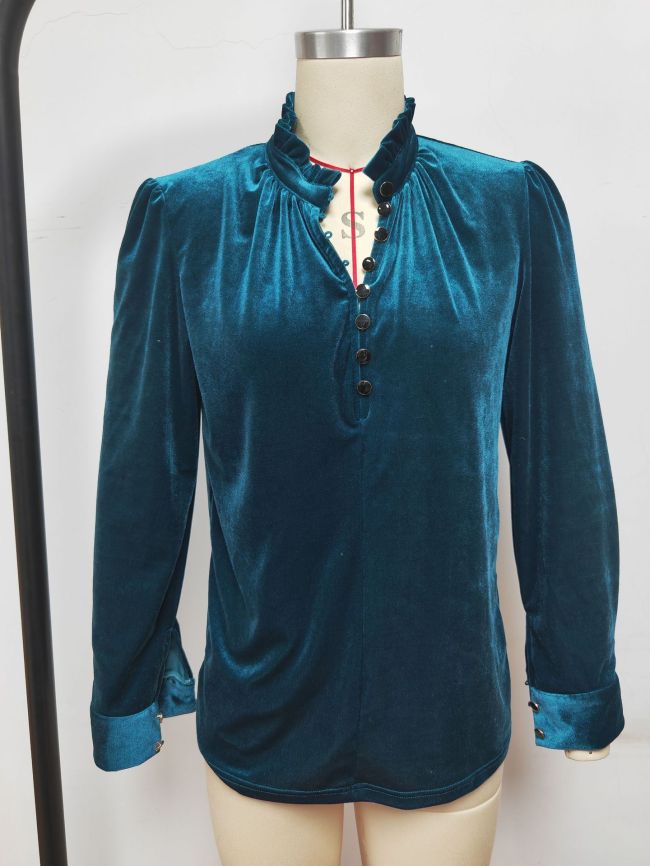 Women's Casual Shirts Fall Outfit V-Neck Velvet Blouse Top