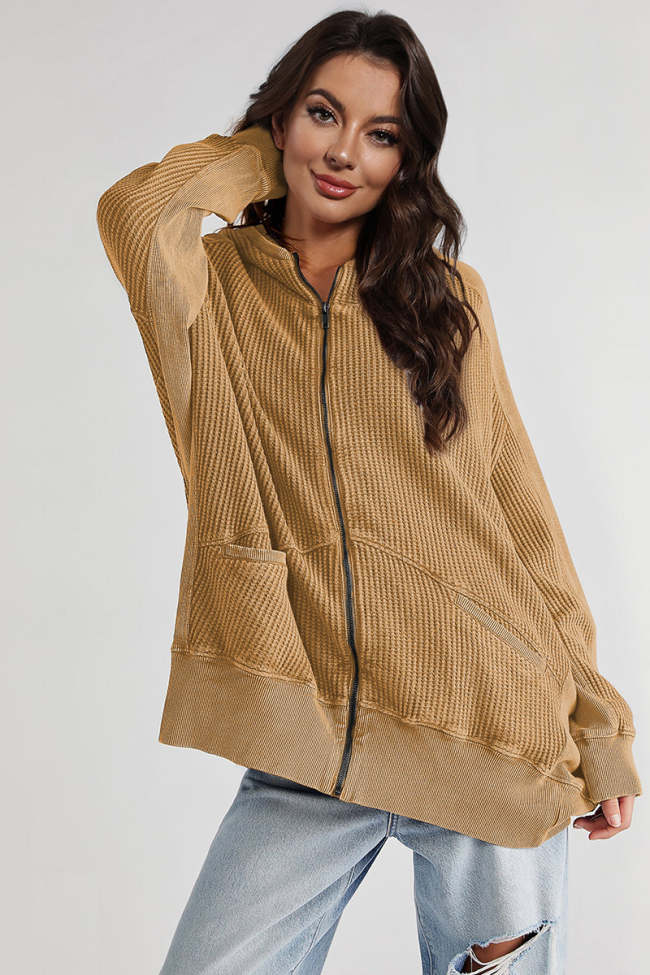 Women's Casual Cardigan Zip-Up Long Sleeve Waffle Jacket