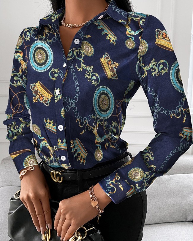 Women's Geometric print single-breasted Shirt Top Art Abstract Long Sleeve Shirt