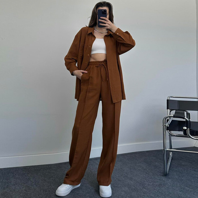 Women's 2 Piece Set 10Colors Fall Autumn Outdoor Matching Suit Solid Long Sleeve Button Down Top and Straight Long Trouser Pant