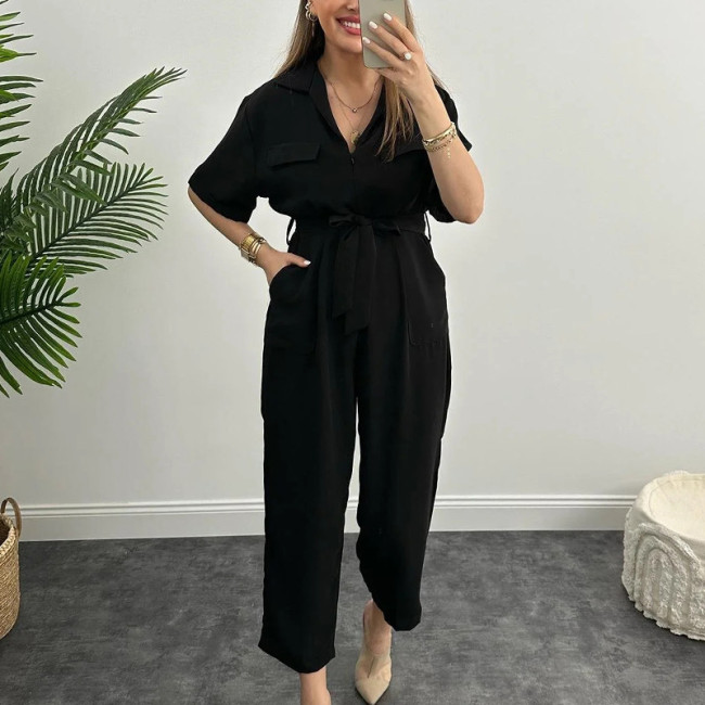 Women's all Match Jumpsuits Adjusted Tie Overall Loose Short Sleeve Jumpsuit