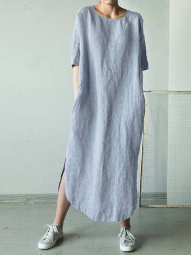 Women's Cotton Linen Dress Crew Neck Mid Sleeve Maxi Cotton Linen Dresses