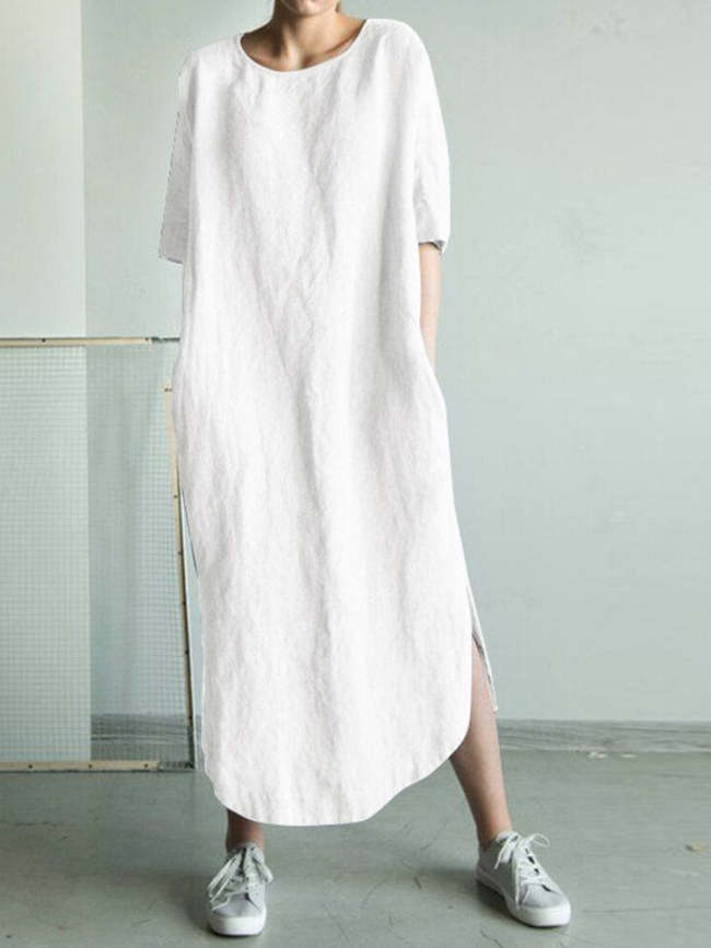 Women's Cotton Linen Dress Crew Neck Mid Sleeve Maxi Cotton Linen Dresses