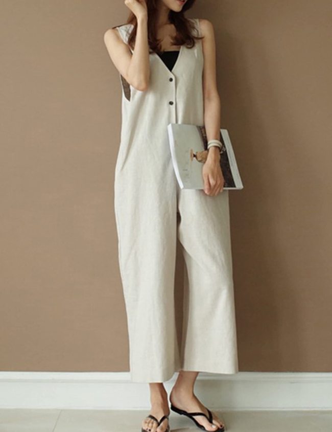 Women's Sleeveless Jumpsuit V Neck Button Up Front Linen Overalls Summer Casual Loose Wide Leg Jumpsuits Pockets