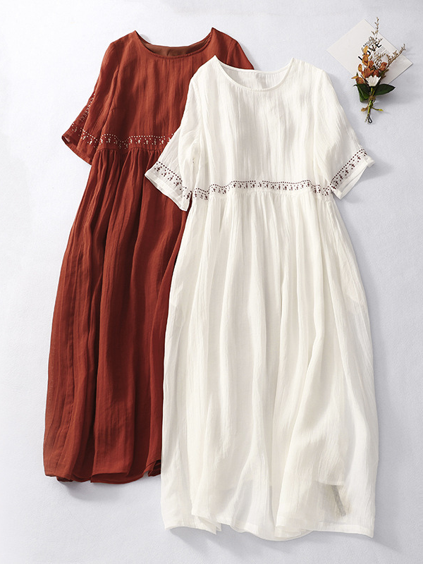 Women's Cotton Linen Dress Crew Neck Short Sleeve Embroidery Floral Midi Dress