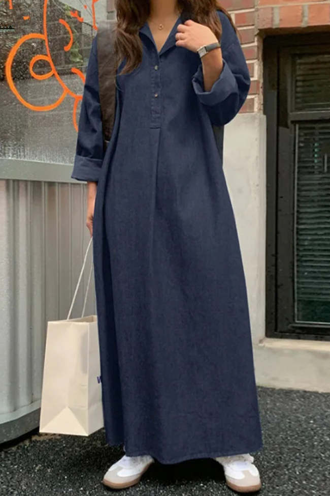 Women's Denim Long Maxi Dresses Casual Solid Pocket Polo collar Irregular Dress