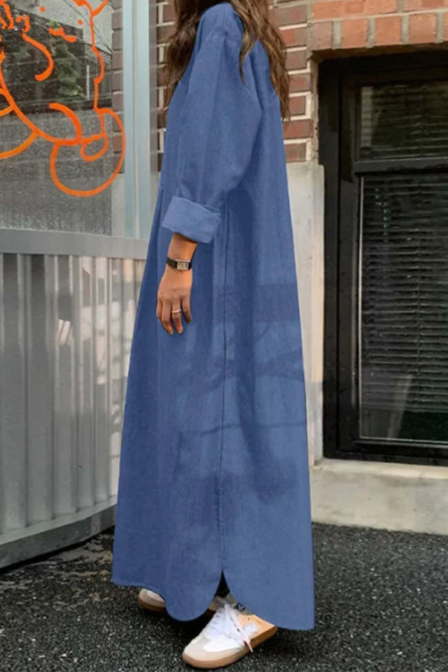 Women's Denim Long Maxi Dresses Casual Solid Pocket Polo collar Irregular Dress
