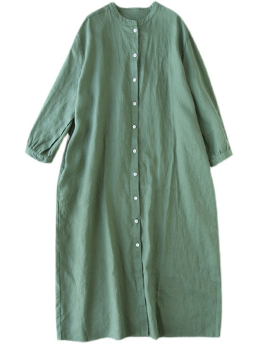 Women's Cotton Linen Dress Crew Neck Long Sleeve Single-Breasted Midi Dress Casual Fall Dresses