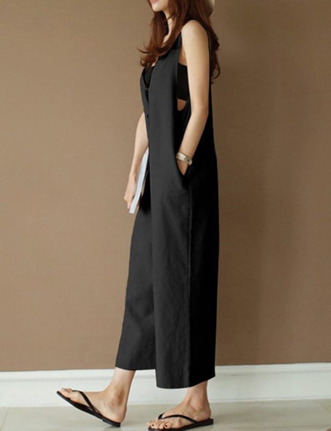 Women's Sleeveless Jumpsuit V Neck Button Up Front Linen Overalls Summer Casual Loose Wide Leg Jumpsuits Pockets