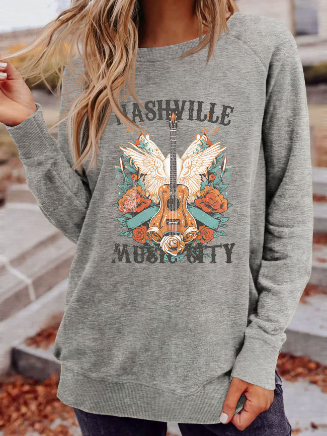 Women's Casual Sweatshirt Nashville Music City with Gita Funny Letter Print on Sweatshirts