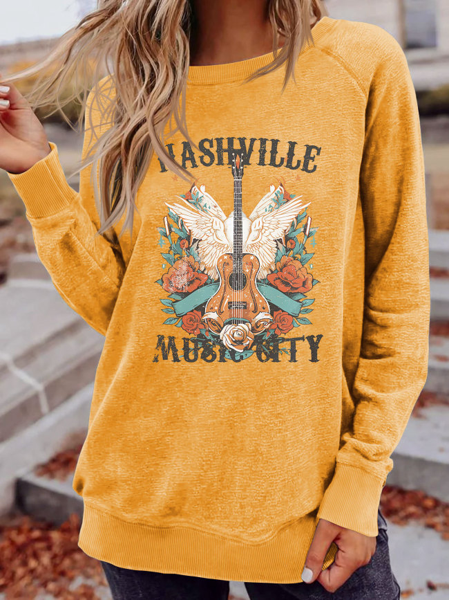 Women's Casual Sweatshirt Nashville Music City with Gita Funny Letter Print on Sweatshirts