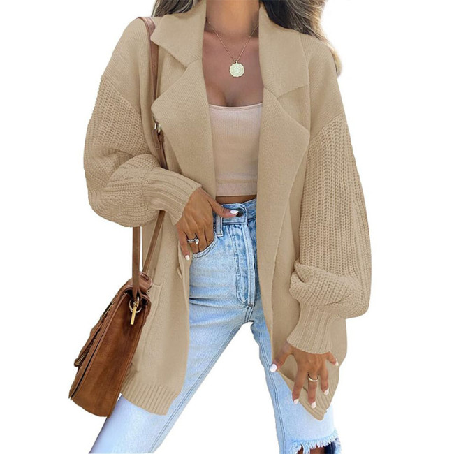 Women's Long Sleeve Open Front Knit Cardigan Sweaters Lapel Oversized Slouchy Coat with Pockets