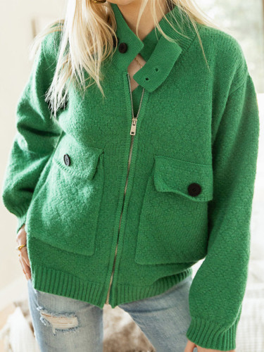 Women's Knitted Jacket Big Front Pocket Zipper Stand Collar Knit Cardigan Jacket Coat