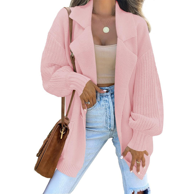 Women's Long Sleeve Open Front Knit Cardigan Sweaters Lapel Oversized Slouchy Coat with Pockets