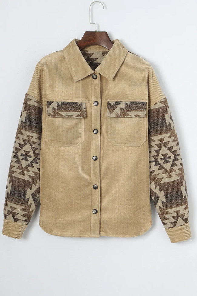 Women's Corduroy Jacket with Aztec Print Western Country Style Outwear Shacket