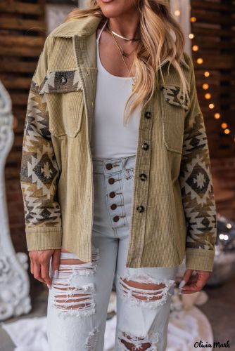 Women's Corduroy Jacket with Aztec Print Western Country Style Outwear Shacket