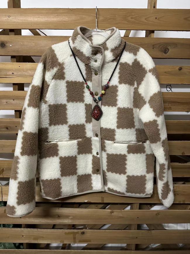 Women's Checkered Sherpa Jacket Plaid Patchwork Warm Fleece Jacket Coat