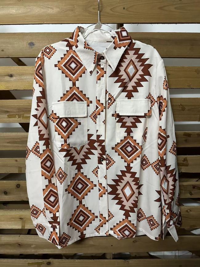 Women's Western Aztec Pattern Button Flap Pocket Shirt