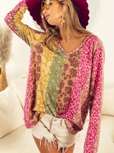 Women's Animal Leopard Print Striped Patchwork Casual V-Neck Long Sleeve T-Shirts