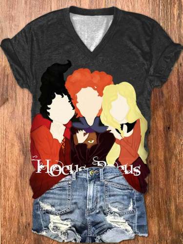 Women's Hocus Pocus Witches Print V-Neck T-Shirt