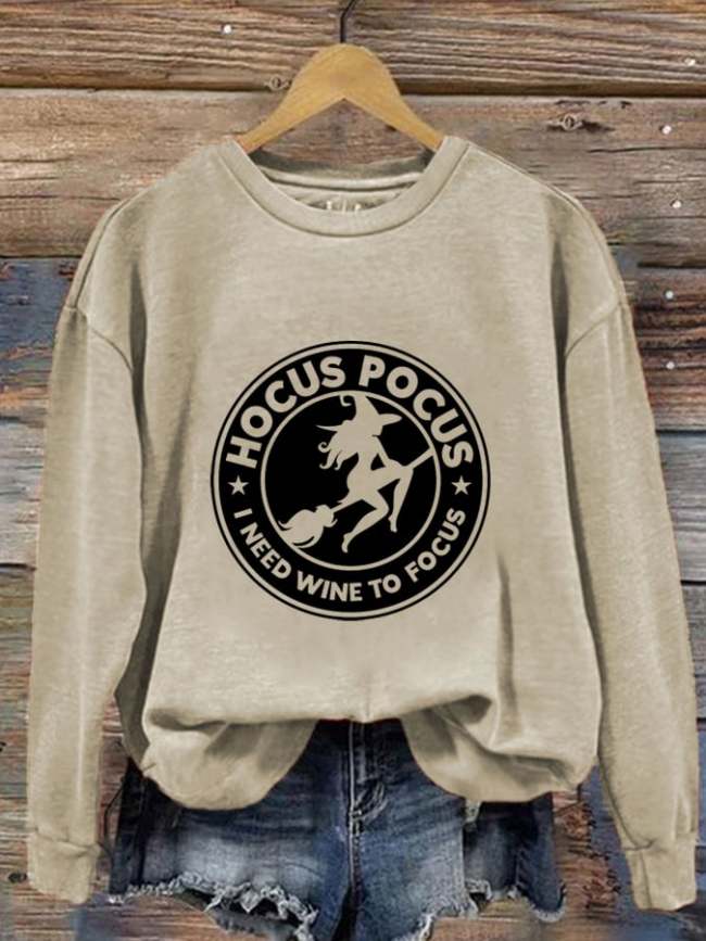 Women's Hocus Pocus I Need Wine To Focus Witch Print Sweatshirt